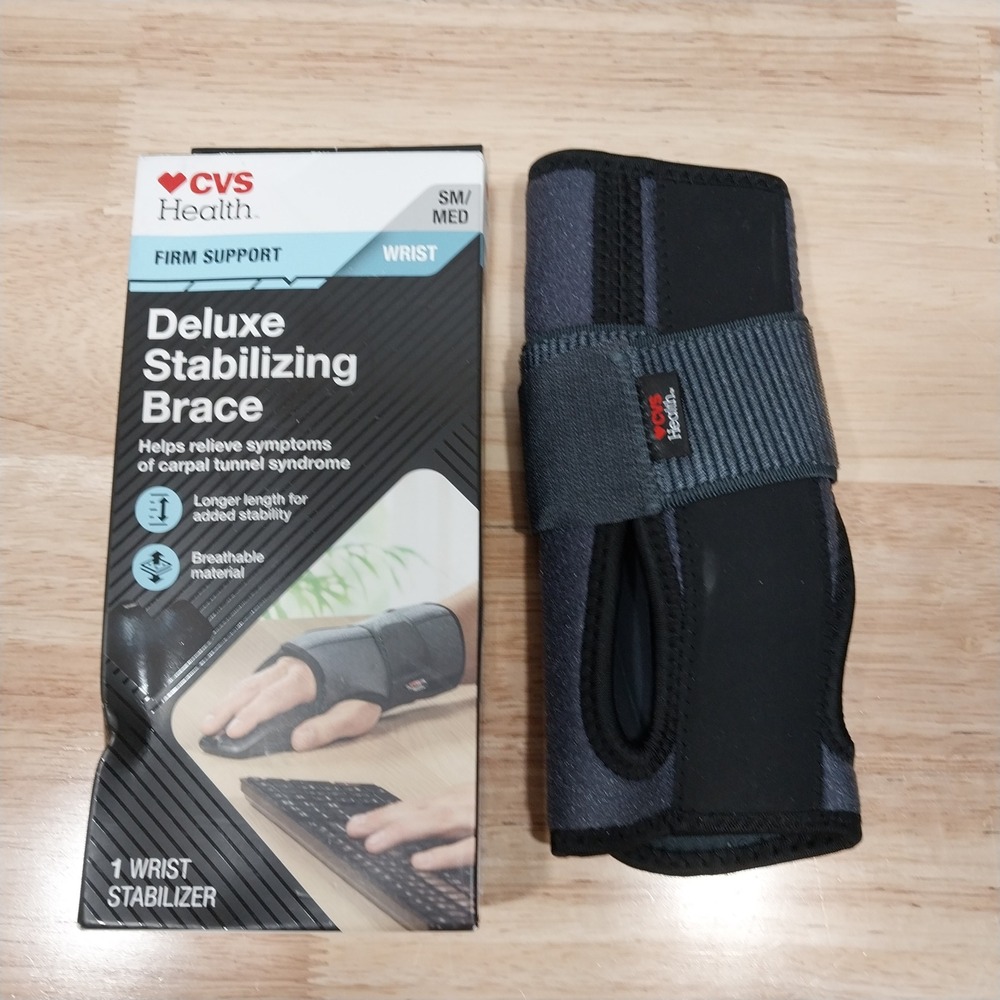 CVS Health Wrist Brace Deluxe Stabilizing Firm Support SM/MED Black Gray